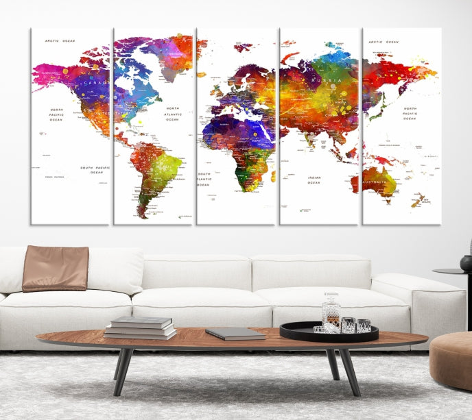 Vivid Watercolor World Map Push Pin Detailed Travel Map Poster Print on Canvas Art