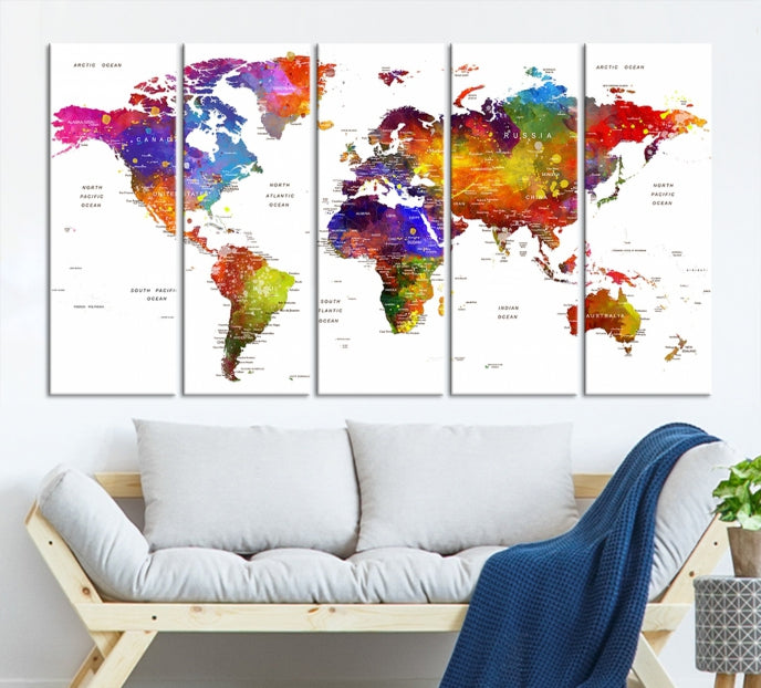 Vivid Watercolor World Map Push Pin Detailed Travel Map Poster Print on Canvas Art