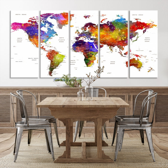 Vivid Watercolor World Map Push Pin Detailed Travel Map Poster Print on Canvas Art