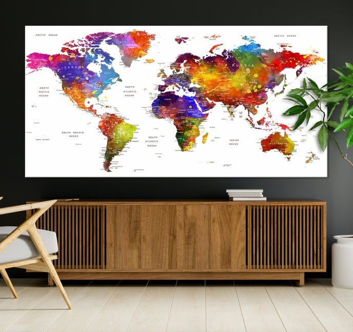 Vivid Watercolor World Map Push Pin Detailed Travel Map Poster Print on Canvas Art