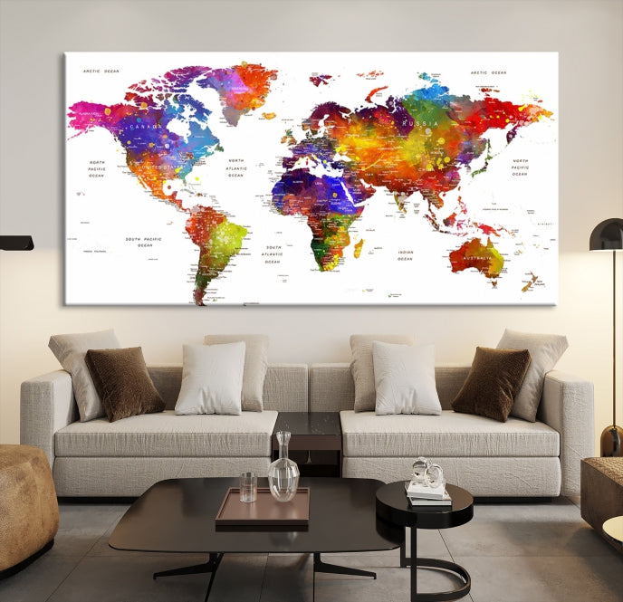 Vivid Watercolor World Map Push Pin Detailed Travel Map Poster Print on Canvas Art