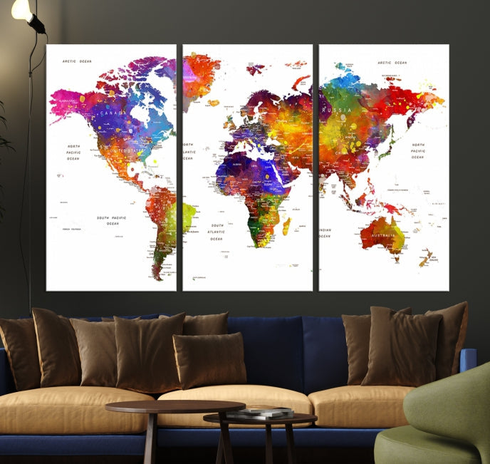 Vivid Watercolor World Map Push Pin Detailed Travel Map Poster Print on Canvas Art