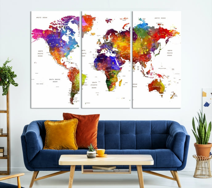 Vivid Watercolor World Map Push Pin Detailed Travel Map Poster Print on Canvas Art