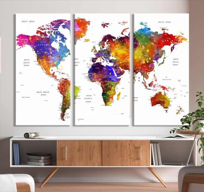 Vivid Watercolor World Map Push Pin Detailed Travel Map Poster Print on Canvas Art