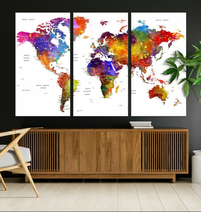 Vivid Watercolor World Map Push Pin Detailed Travel Map Poster Print on Canvas Art