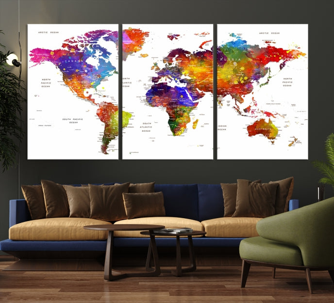 Vivid Watercolor World Map Push Pin Detailed Travel Map Poster Print on Canvas Art