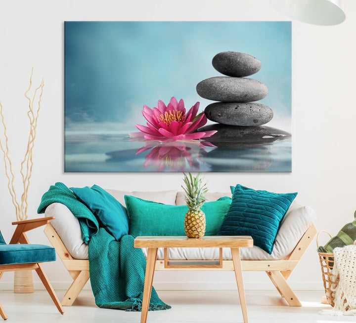 Water Lily and Zen Stone in a Serenity Pool Giclee Canvas Extra Large Wall Art Print