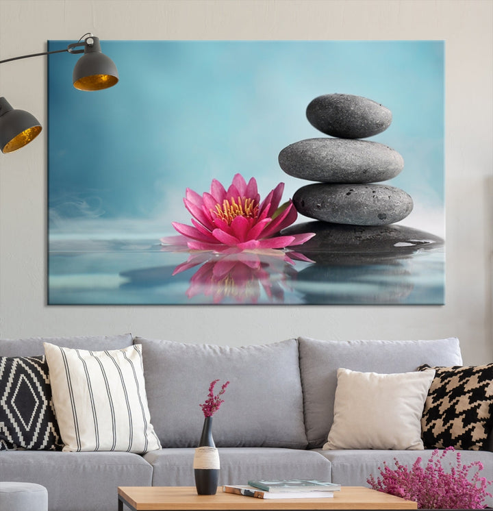 Water Lily and Zen Stone in a Serenity Pool Giclee Canvas Extra Large Wall Art Print