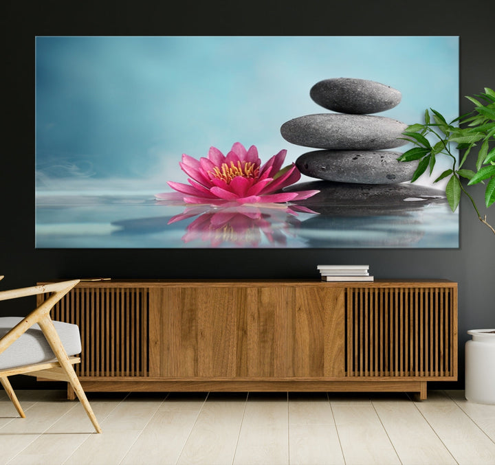 Water Lily and Zen Stone in a Serenity Pool Giclee Canvas Extra Large Wall Art Print