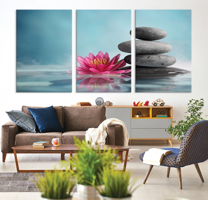 Water Lily and Zen Stone in a Serenity Pool Giclee Canvas Extra Large Wall Art Print