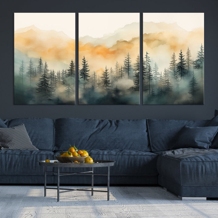 Watercolor Foggy Forest Print on Canvas Framed Landscape Painting Green Wall Art