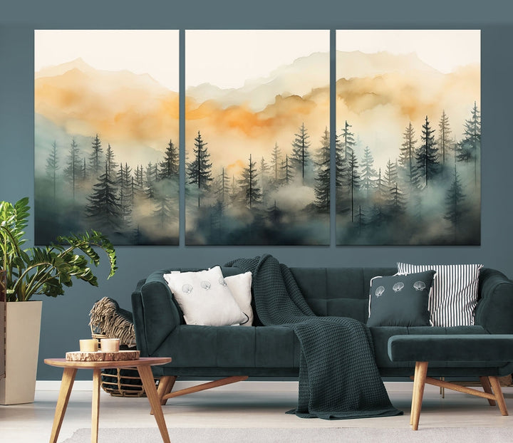 Watercolor Foggy Forest Print on Canvas Framed Landscape Painting Green Wall Art