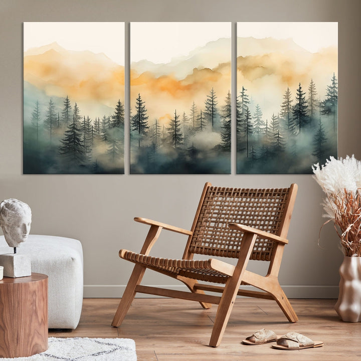 Watercolor Foggy Forest Print on Canvas Framed Landscape Painting Green Wall Art