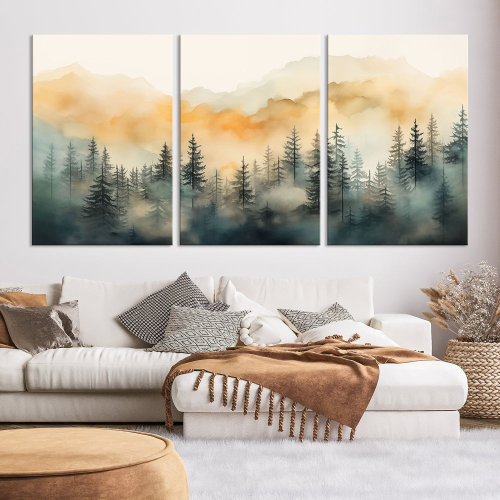 Watercolor Foggy Forest Print on Canvas Framed Landscape Painting Green Wall Art