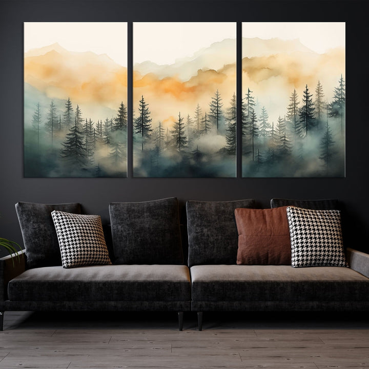 Watercolor Foggy Forest Print on Canvas Framed Landscape Painting Green Wall Art