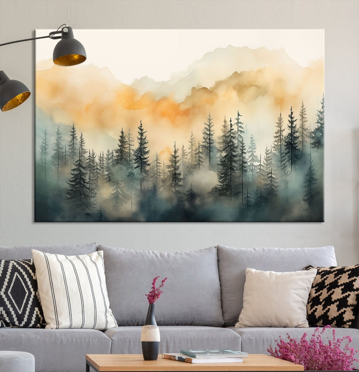 Watercolor Foggy Forest Print on Canvas Framed Landscape Painting Green Wall Art