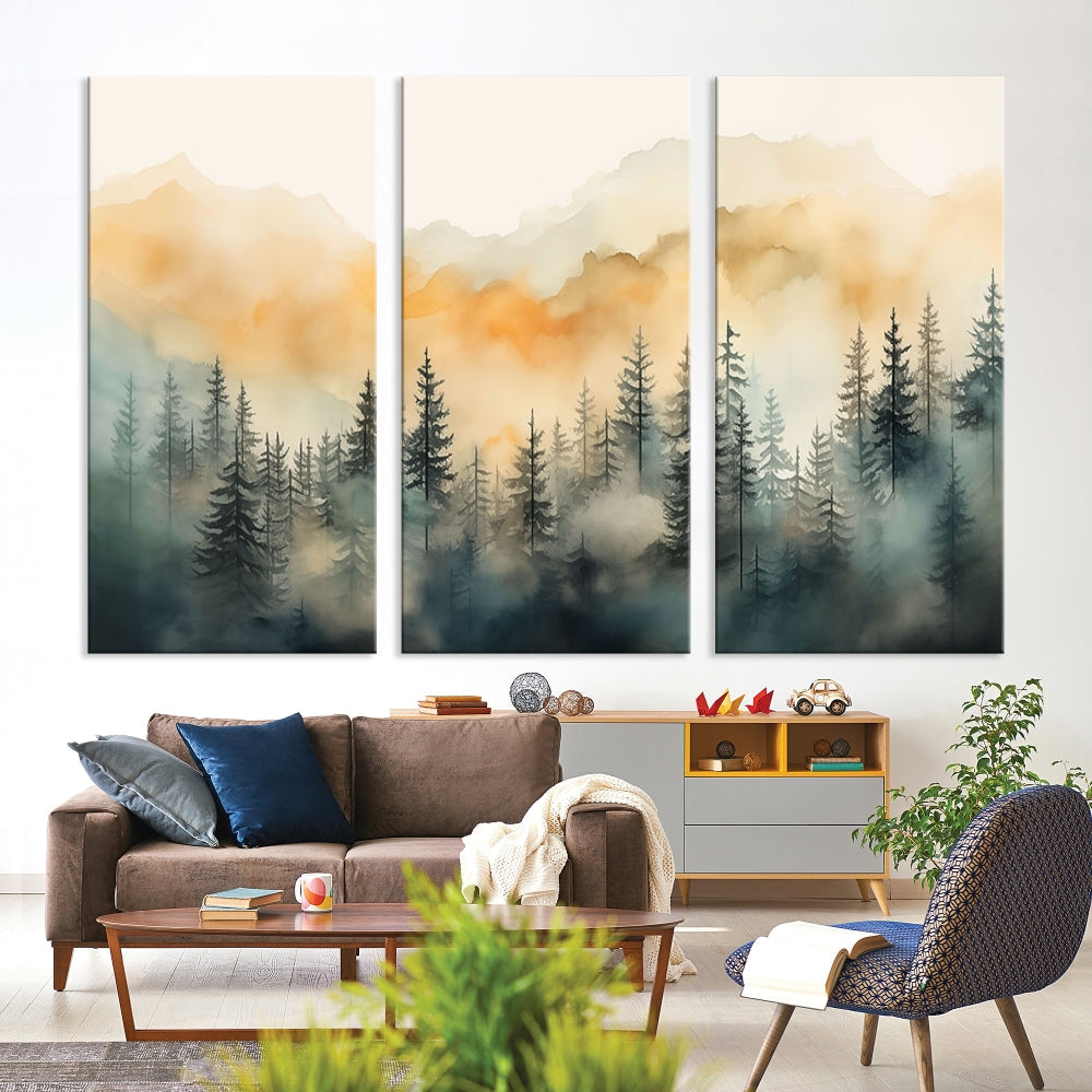 Watercolor Foggy Forest Print on Canvas Framed Landscape Painting Green Wall Art