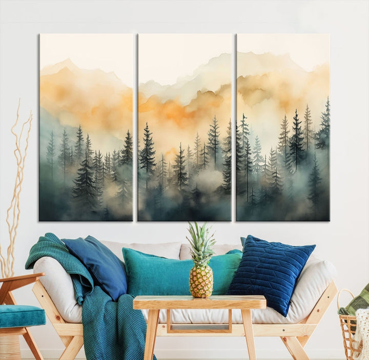 Watercolor Foggy Forest Print on Canvas Framed Landscape Painting Green Wall Art