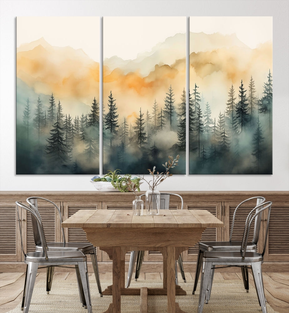 Watercolor Foggy Forest Print on Canvas Framed Landscape Painting Green Wall Art