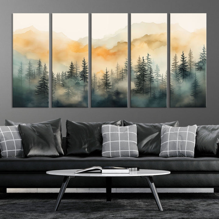 Watercolor Foggy Forest Print on Canvas Framed Landscape Painting Green Wall Art