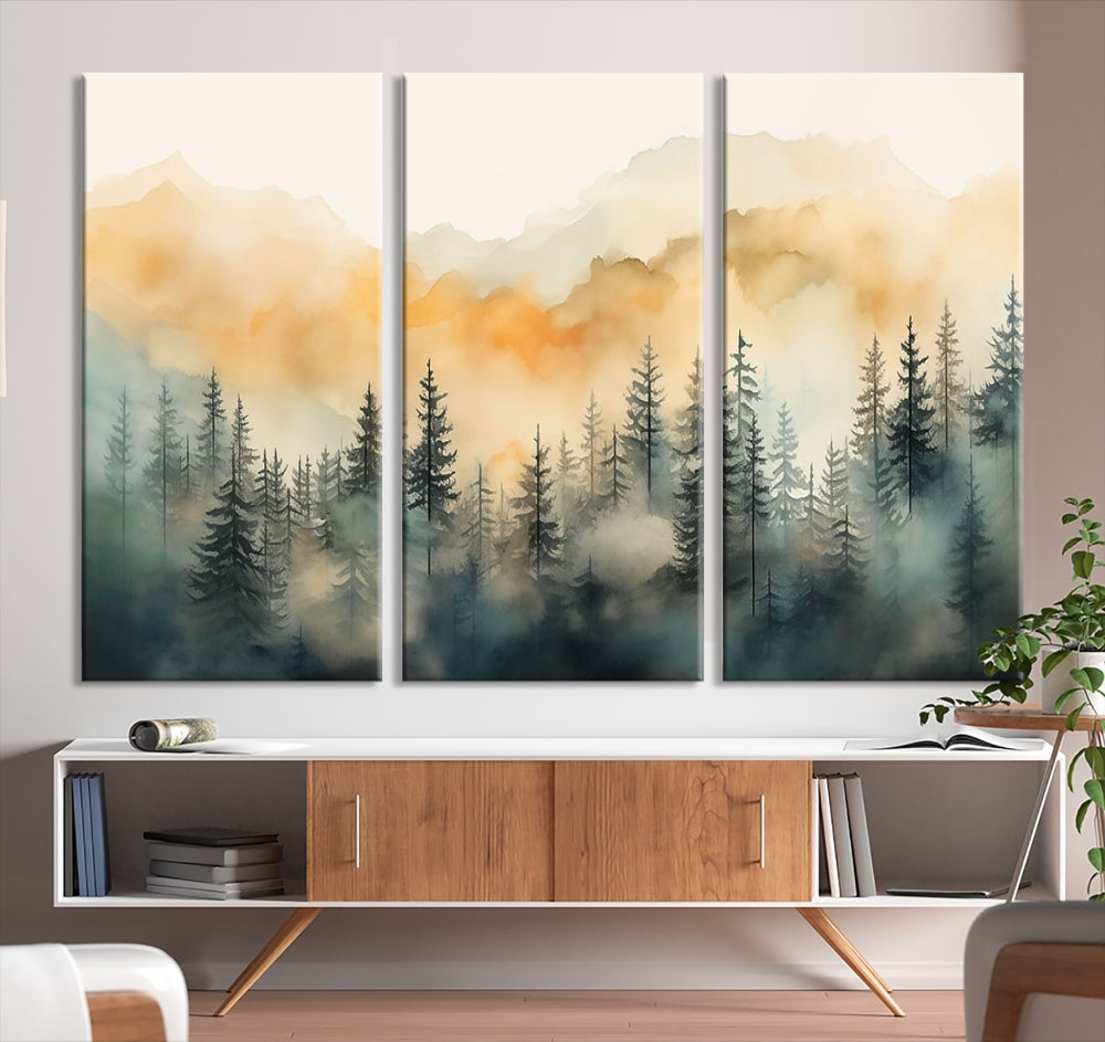 Watercolor Foggy Forest Print on Canvas Framed Landscape Painting Green Wall Art