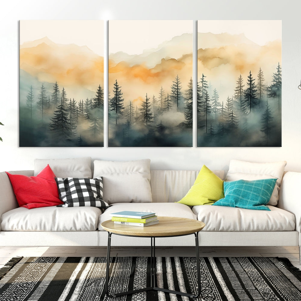 Watercolor Foggy Forest Print on Canvas Framed Landscape Painting Green Wall Art