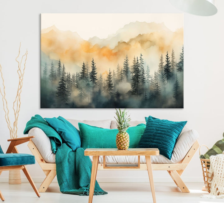 Watercolor Foggy Forest Print on Canvas Framed Landscape Painting Green Wall Art