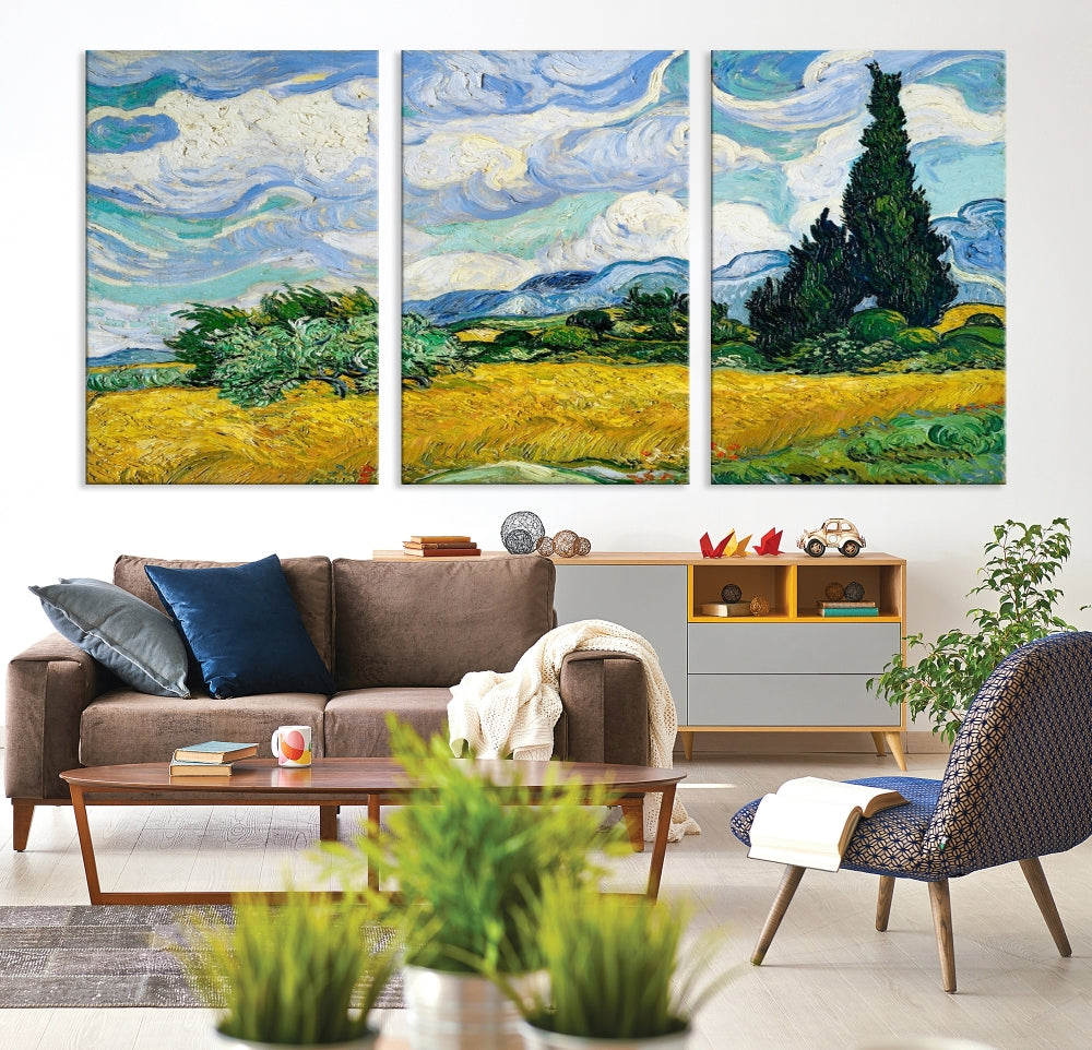 Watercolor Landscape Painting of Meadow Countryside Canvas Wall Art Print Green Yellow Flower Field Nature Art Framed Set of