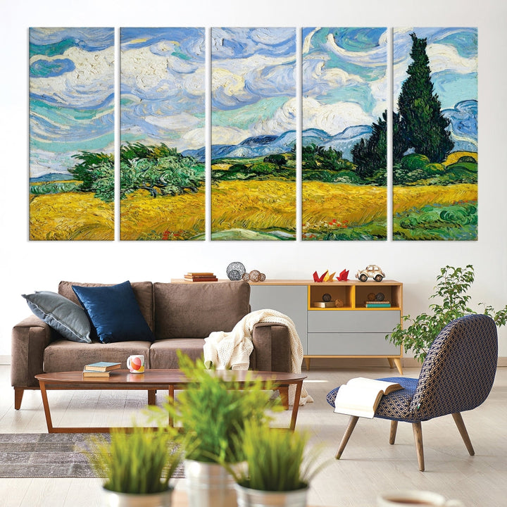 Watercolor Landscape Painting of Meadow Countryside Canvas Wall Art Print Green Yellow Flower Field Nature Art Framed Set of