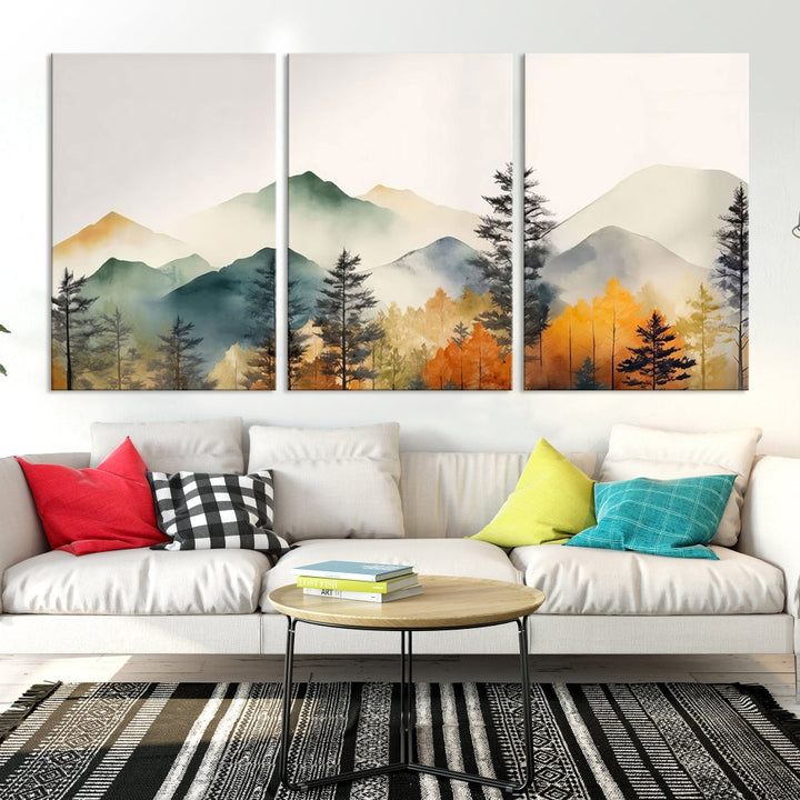 Watercolor Mountain Landscape Canvas Print Colorful Nature Painting Wall Art Framed