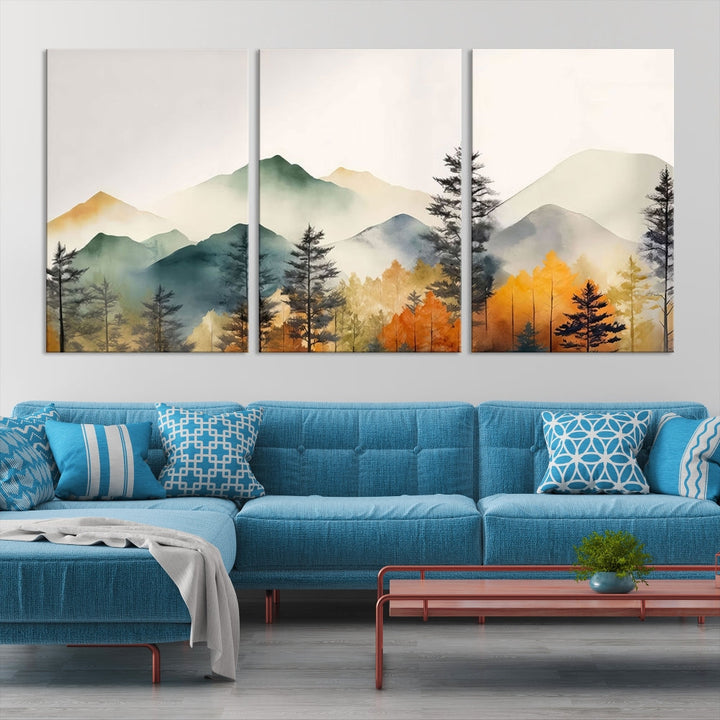 Watercolor Mountain Landscape Canvas Print Colorful Nature Painting Wall Art Framed