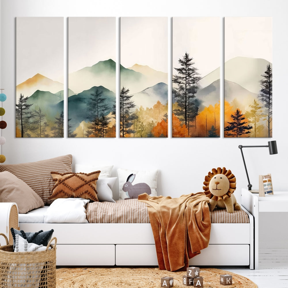 Watercolor Mountain Landscape Canvas Print Colorful Nature Painting Wall Art Framed