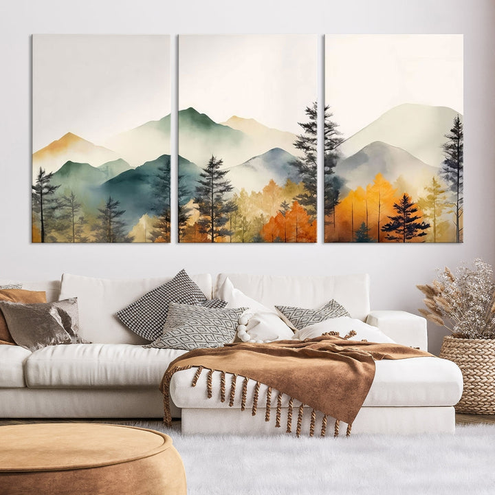 Watercolor Mountain Landscape Canvas Print Colorful Nature Painting Wall Art Framed