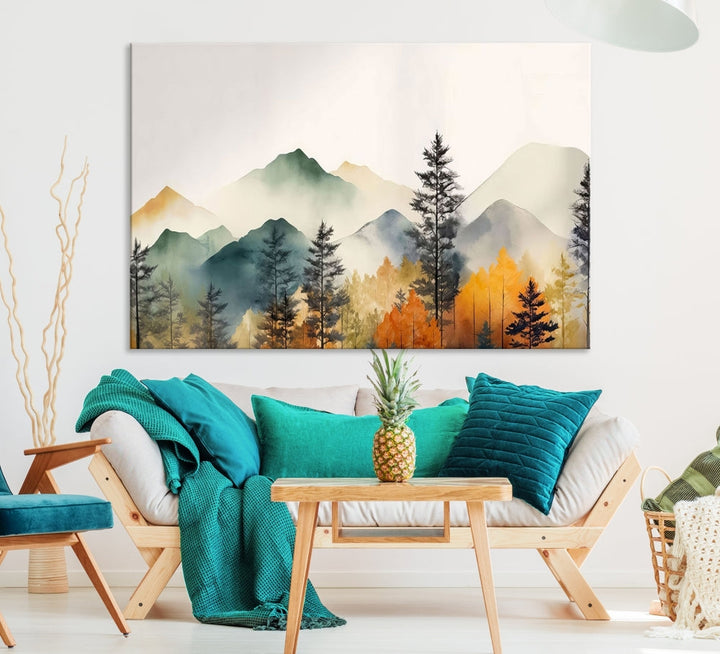 Watercolor Mountain Landscape Canvas Print Colorful Nature Painting Wall Art Framed