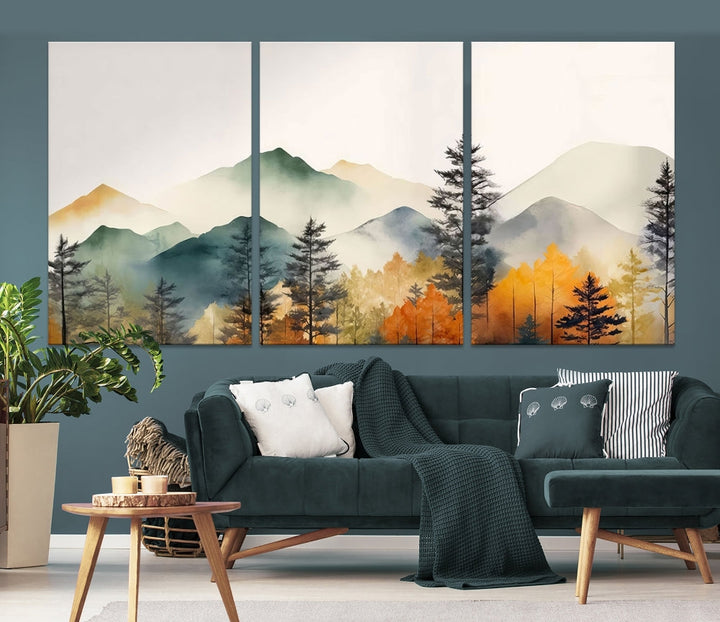 Watercolor Mountain Landscape Canvas Print Colorful Nature Painting Wall Art Framed