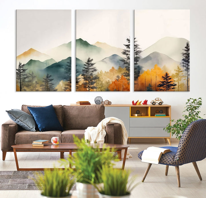 Watercolor Mountain Landscape Canvas Print Colorful Nature Painting Wall Art Framed