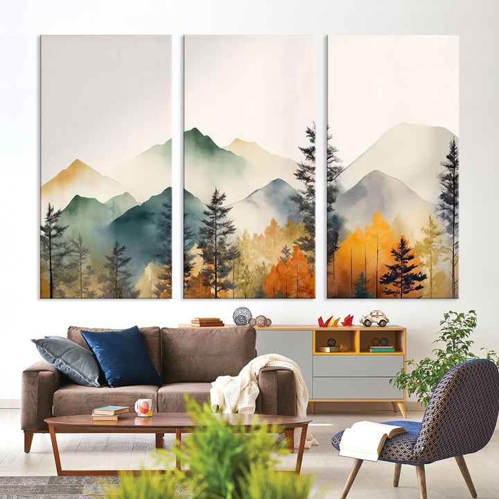 Watercolor Mountain Landscape Canvas Print Colorful Nature Painting Wall Art Framed