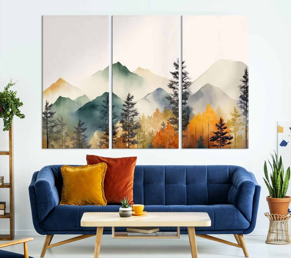 Watercolor Mountain Landscape Canvas Print Colorful Nature Painting Wall Art Framed