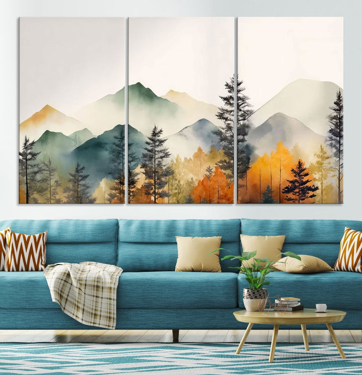 Watercolor Mountain Landscape Canvas Print Colorful Nature Painting Wall Art Framed