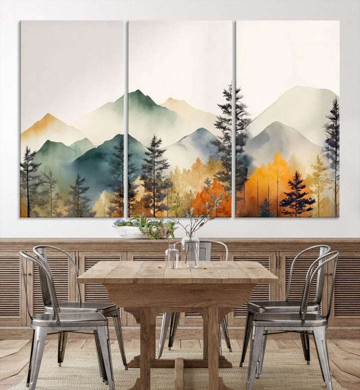 Watercolor Mountain Landscape Canvas Print Colorful Nature Painting Wall Art Framed