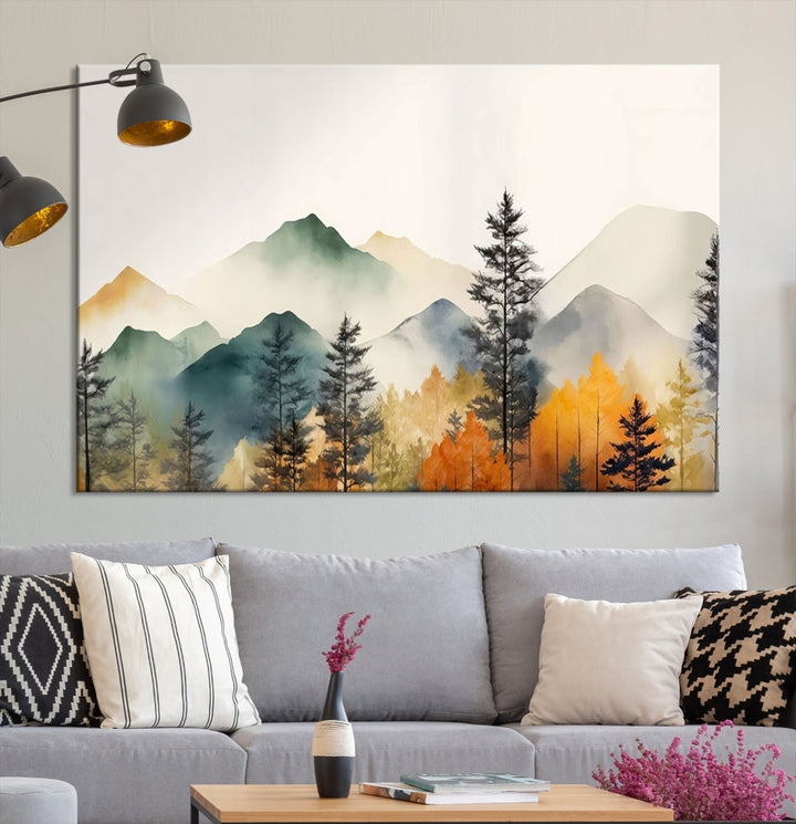 Watercolor Mountain Landscape Canvas Print Colorful Nature Painting Wall Art Framed