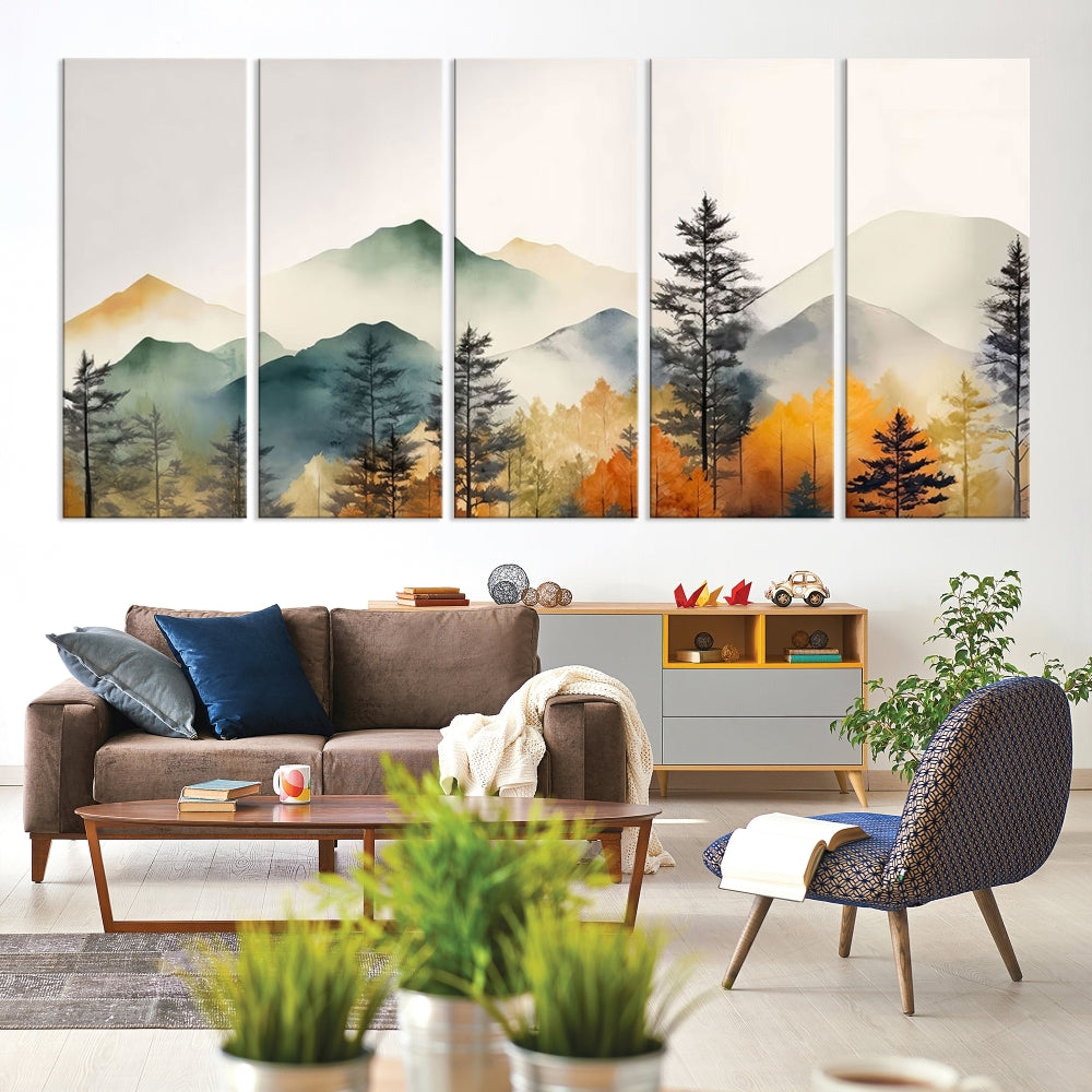 Watercolor Mountain Landscape Canvas Print Colorful Nature Painting Wall Art Framed