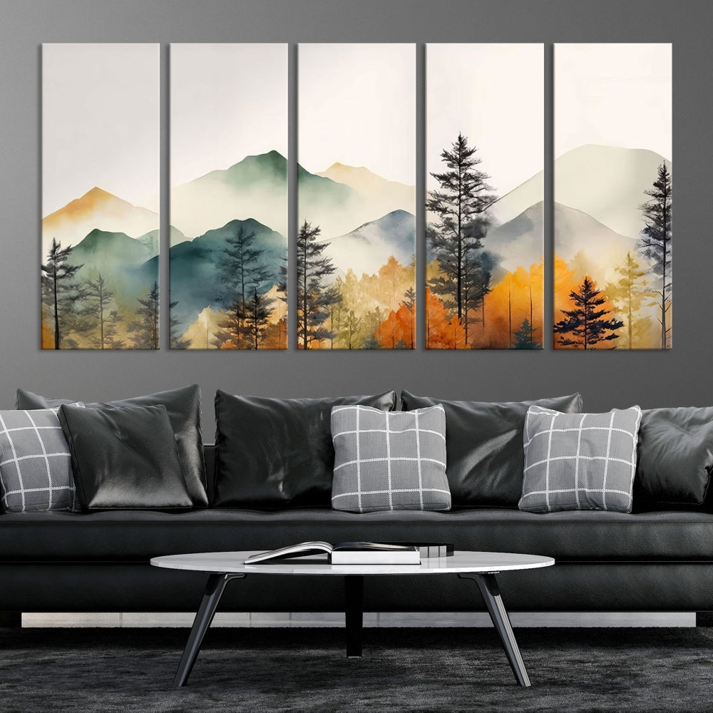 Watercolor Mountain Landscape Canvas Print Colorful Nature Painting Wall Art Framed