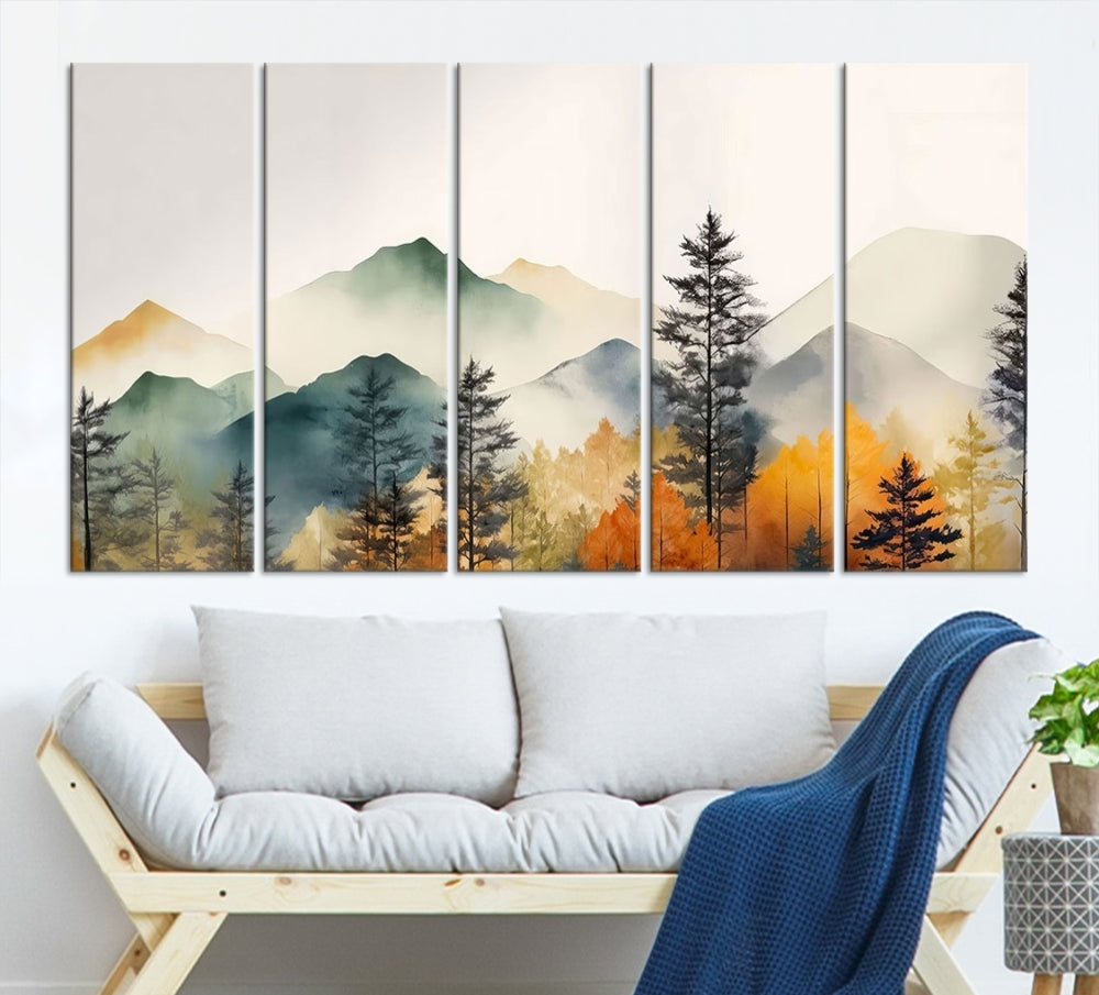 Watercolor Mountain Landscape Canvas Print Colorful Nature Painting Wall Art Framed