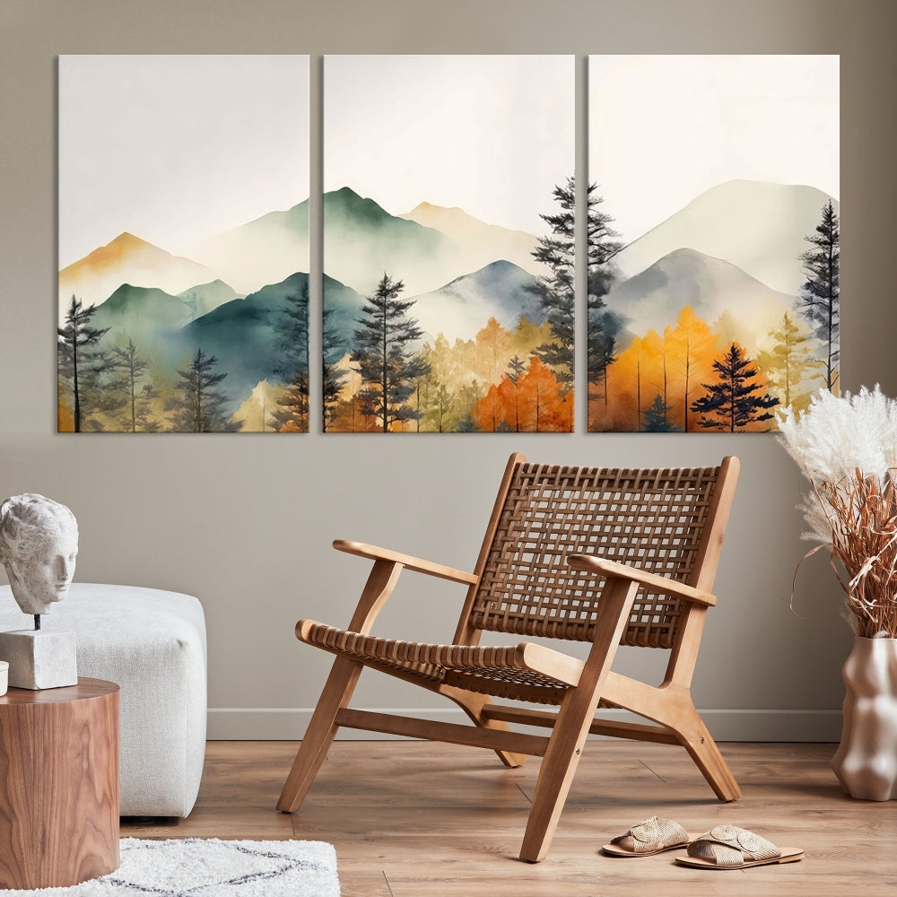 Watercolor Mountain Landscape Canvas Print Colorful Nature Painting Wall Art Framed