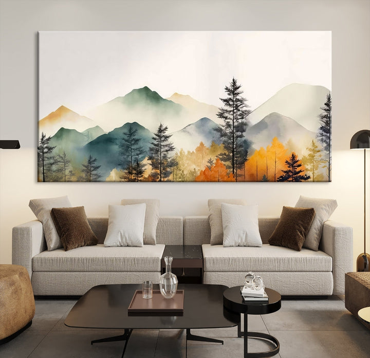 Watercolor Mountain Landscape Canvas Print Colorful Nature Painting Wall Art Framed