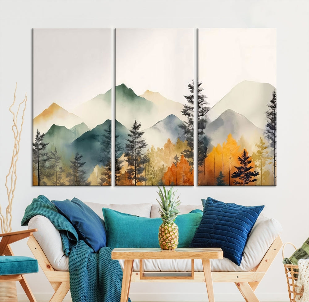 Watercolor Mountain Landscape Canvas Print Colorful Nature Painting Wall Art Framed