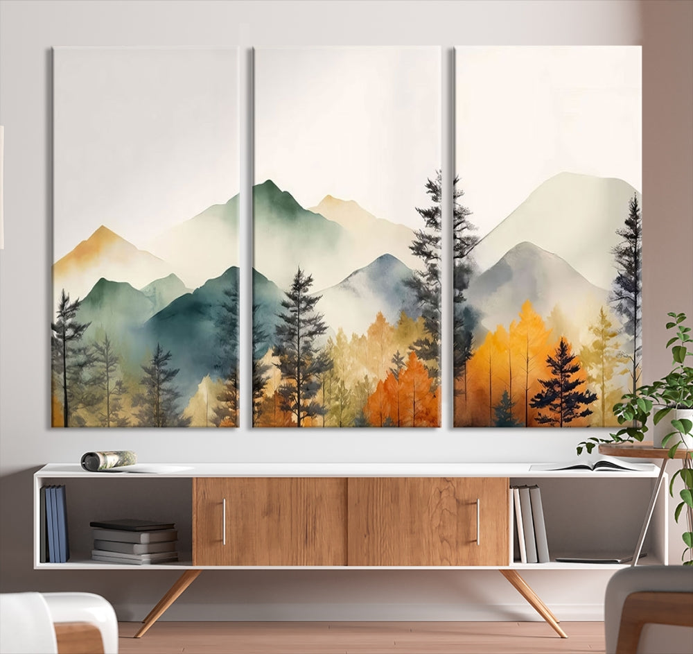 Watercolor Mountain Landscape Canvas Print Colorful Nature Painting Wall Art Framed