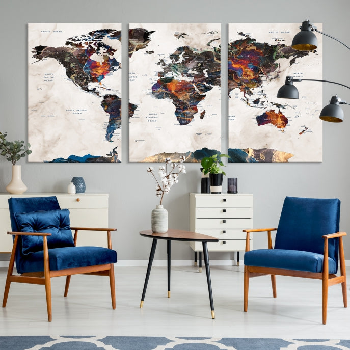 Watercolor Push Pin World Map Antarctica Canvas Wall Art Print