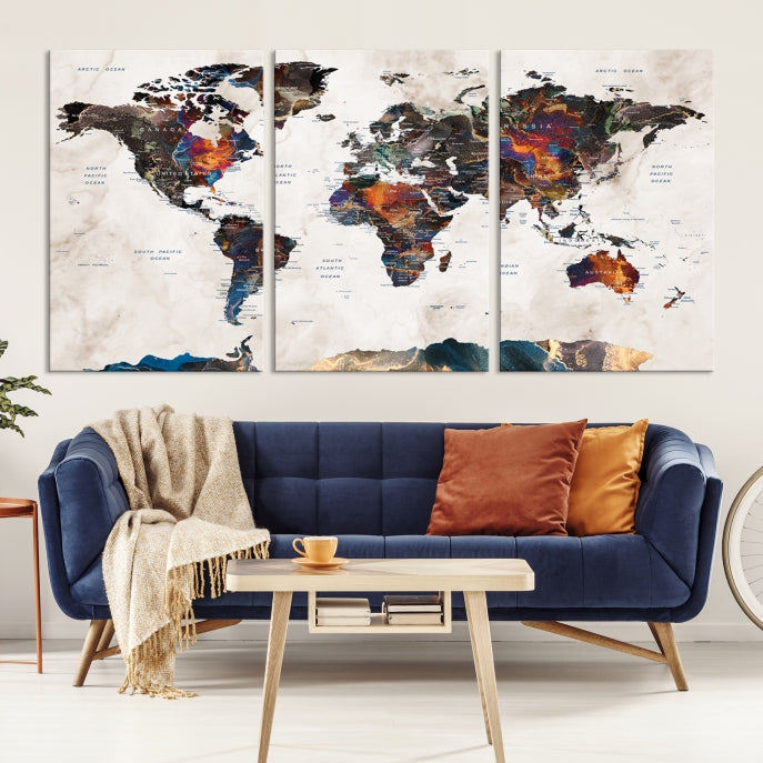 Watercolor Push Pin World Map Antarctica Canvas Wall Art Print